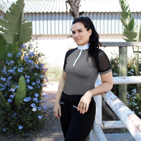 Equileiure serena sport shirt black  grey piping  white collar and sleeve end