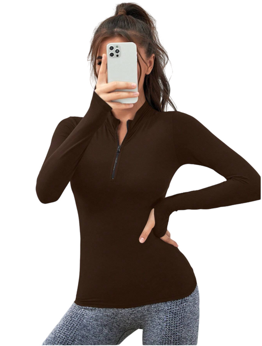 EquiChic Choc Brown Equestrian or Yoga Basic Half Zip Breathable Sports Sweatshirt