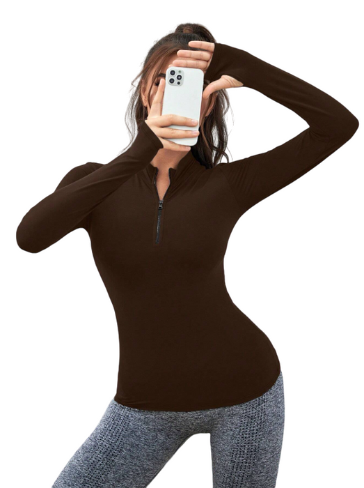 EquiChic Choc Brown Equestrian or Yoga Basic Half Zip Breathable Sports Sweatshirt