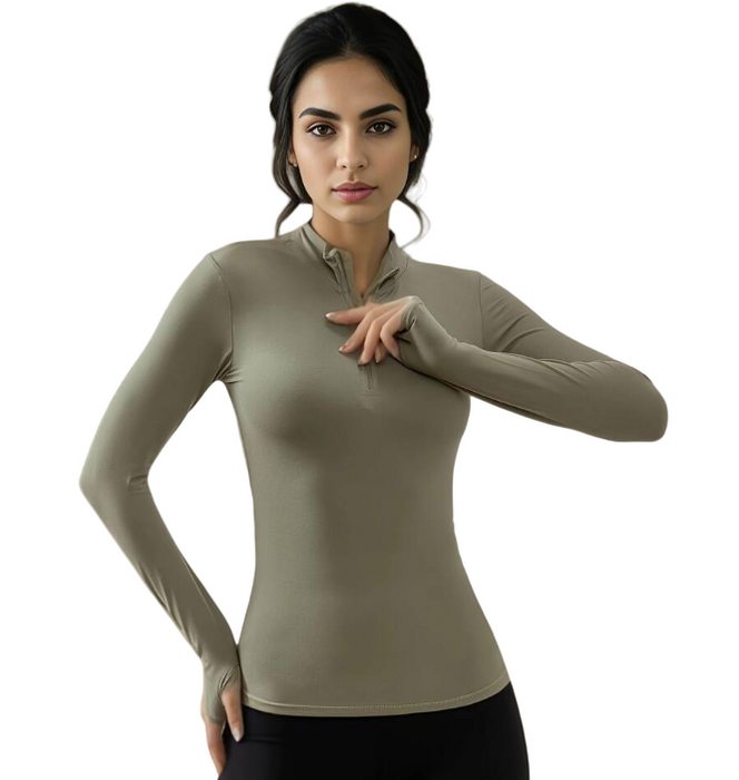 EquiChic Green Long Sleeve Sports Polo Shirt Half Placket Thumbhole