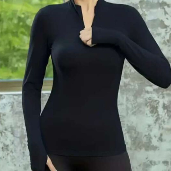 Equichic 1pc Half Zipper Sport Base Layer  With Thumb Hole, Black