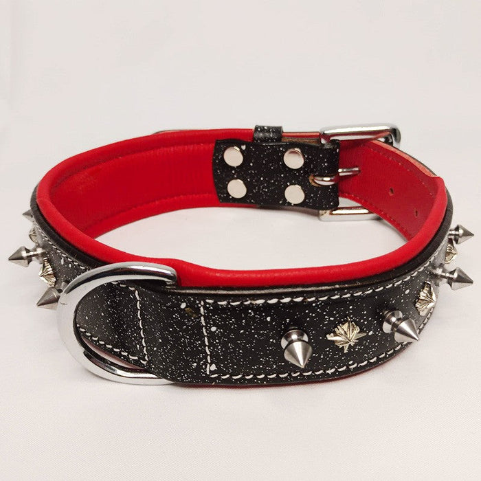 Leather Dog Collar &ndash; Black &amp; Red with Studs and Spikes