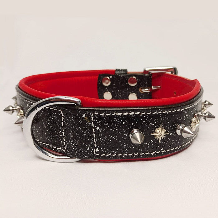 Leather Dog Collar &ndash; Black &amp; Red with Studs and Spikes
