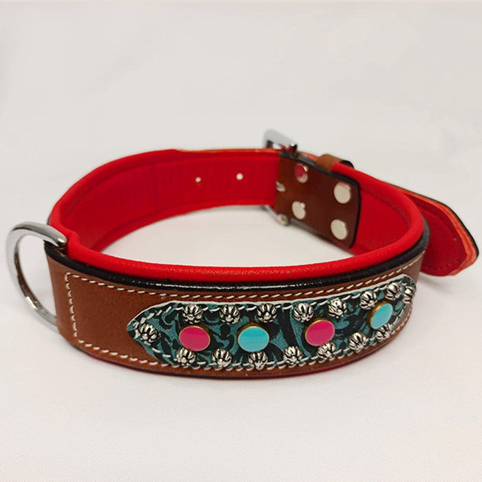 Leather Dog Collar &ndash; Brown with Pink &amp; Blue Studs
