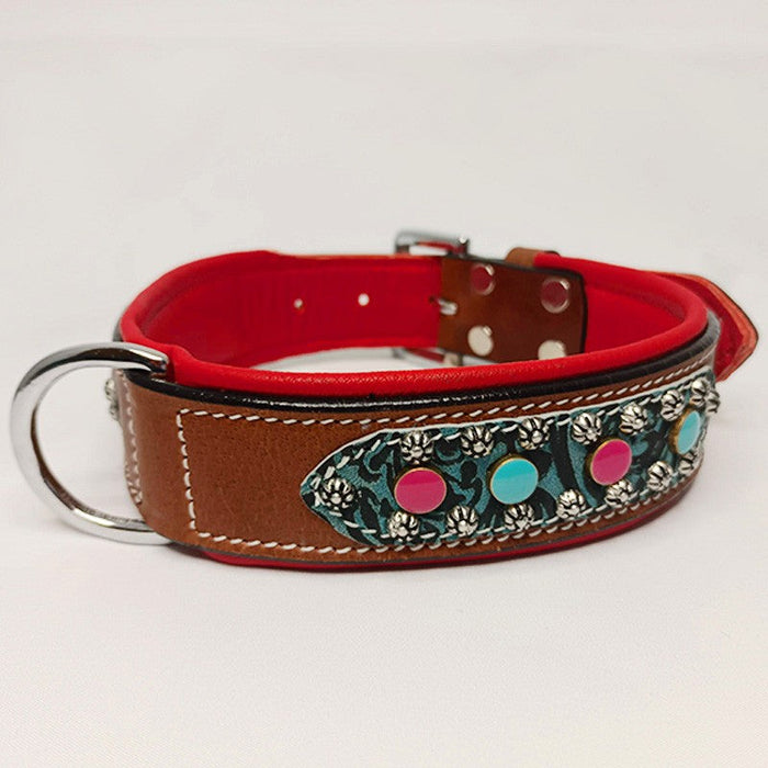 Leather Dog Collar &ndash; Brown with Pink &amp; Blue Studs