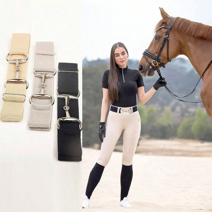 EquiChic Belt Adjustable Elastic Waist Belt with Chrome Metal Horse Bit Buckle 4cm wide 1m long
