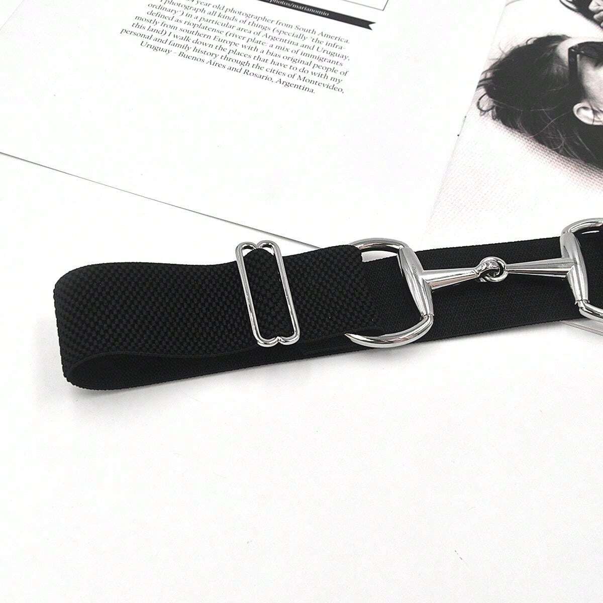 EquiChic Belt Adjustable Elastic Waist Belt with Chrome Metal Horse Bit Buckle 4cm wide 1m long