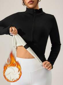 EquiChic Sport Studio Jacket Fitted Fleece ,Casual Solid Color Stand Collar, Black Autumn/Winter