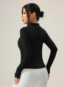 EquiChic Sport Studio Jacket Fitted Fleece ,Casual Solid Color Stand Collar, Black Autumn/Winter