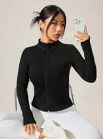 EquiChic Sport Studio Jacket Fitted Fleece ,Casual Solid Color Stand Collar, Black Autumn/Winter