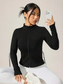 EquiChic Sport Studio Jacket Fitted Fleece ,Casual Solid Color Stand Collar, Black Autumn/Winter