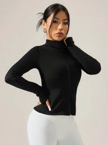 EquiChic Sport Studio Jacket Fitted Fleece ,Casual Solid Color Stand Collar, Black Autumn/Winter