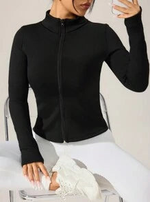 EquiChic Sport Studio Jacket Fitted Fleece ,Casual Solid Color Stand Collar, Black Autumn/Winter