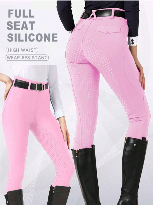 EquiChic Women's Pink Equestrian Pants, Full Silicone Non-Slip