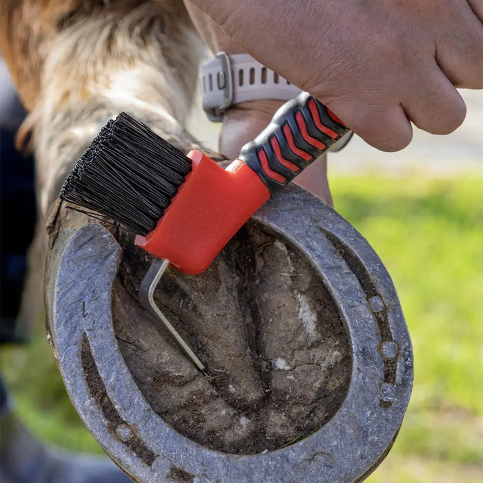 Show time soft touch hoof pick with brush. Black with different colors