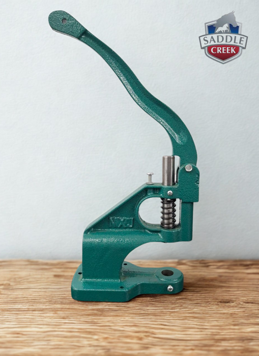 Hand press green with die for 15mm press studs (base die hole 18mm top die thread m6 6mm)